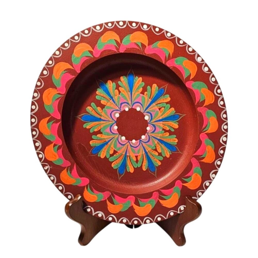 Vintage Red and Multi Colored Wooden Folk Art Wood Plate Hand Painted